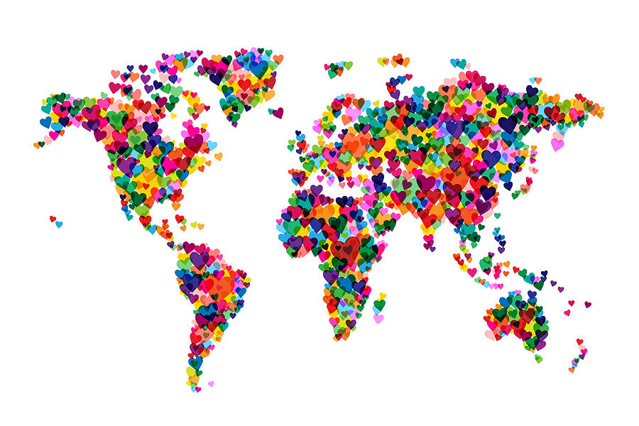 Abstract Digital Art - Love Hearts Map of the World Map by Michael Tompsett
