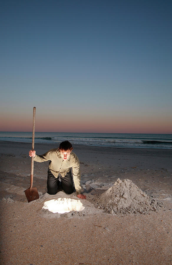 Sunset Photograph - Man Leans Over Glowing Hole In Ground #3 by Logan Mock-Bunting
