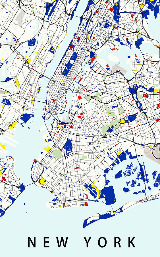 Map of New York in the style of Piet Mondrian #3 Digital Art by Celestial Images