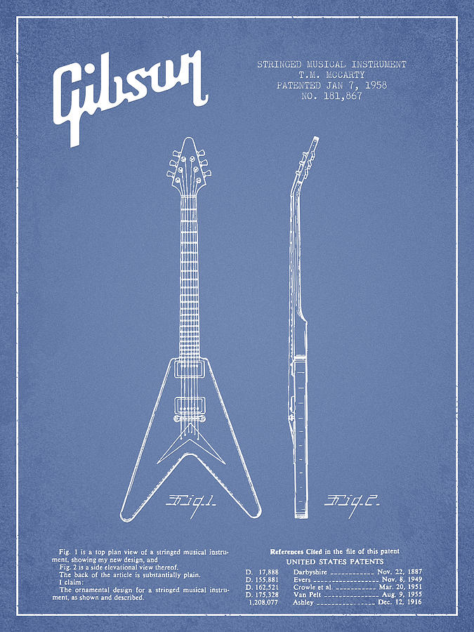 Bass Digital Art - Mccarty Gibson Electric guitar patent Drawing from 1958 - Light Blue by Aged Pixel