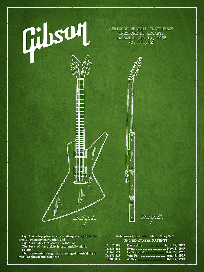 Bass Digital Art - McCarty Gibson electrical guitar patent Drawing from 1958 - Green by Aged Pixel