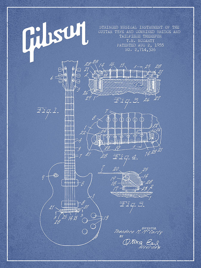 Bass Digital Art - Mccarty Gibson Les Paul guitar patent Drawing from 1955 - Light Blue by Aged Pixel