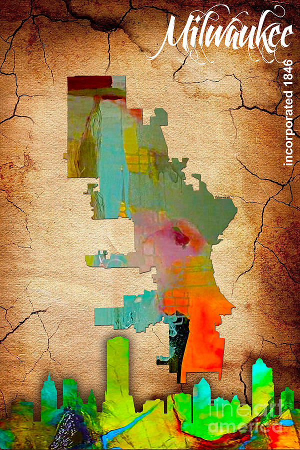 Milwaukee Skyline Mixed Media - Milwaukee Map and Skyline Watercolor #3 by Marvin Blaine