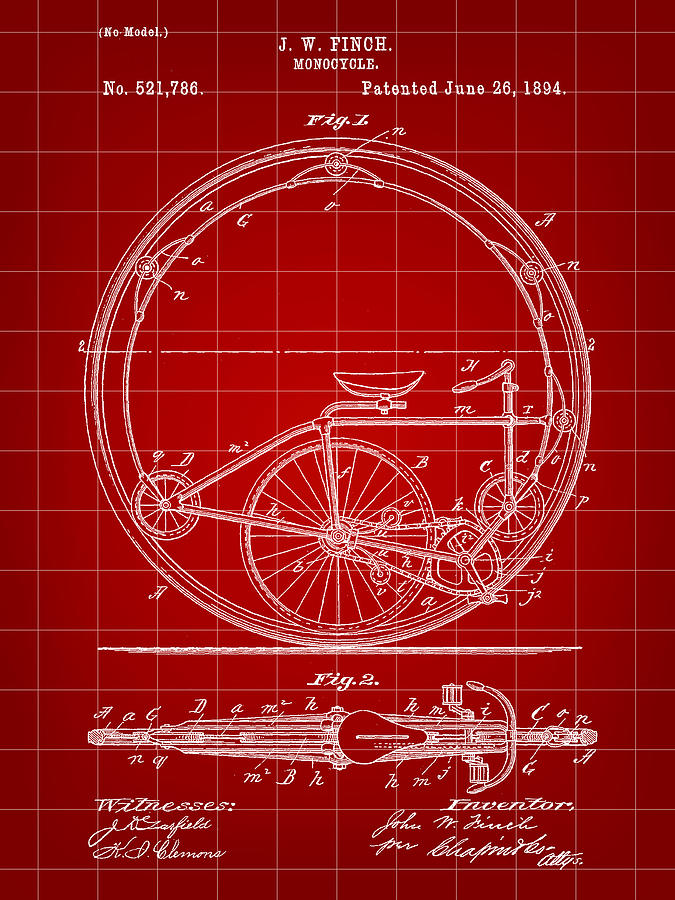 Monocycle Patent 1894 - Red Digital Art by Stephen Younts