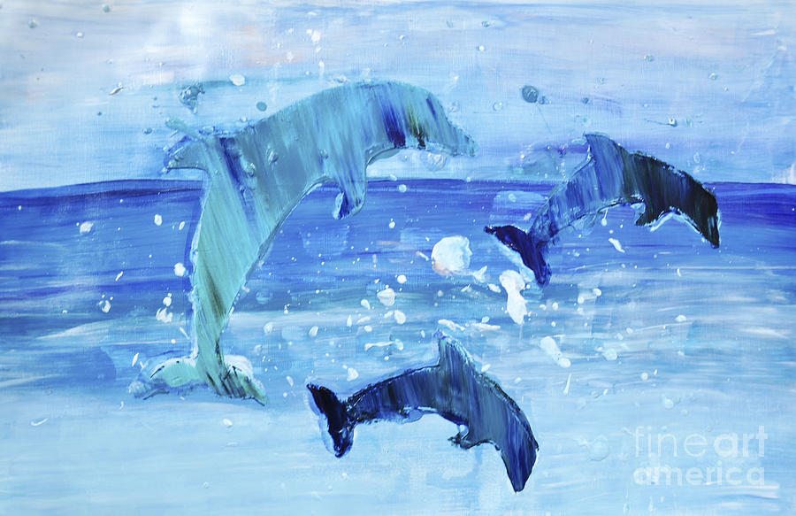 3 More Dolphins Dancing Painting by Shelley Myers