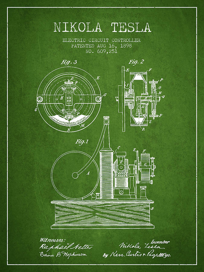 Nikola Tesla Electric Circuit Controller Patent Drawing From 189 ...