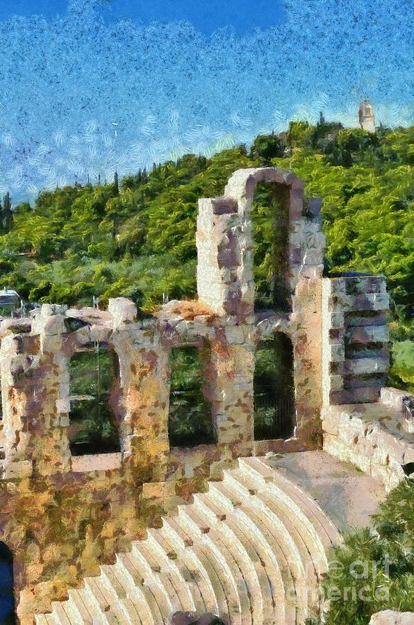 Odeon of Herodes Atticus and hill of Philopappos #3 Painting by George Atsametakis