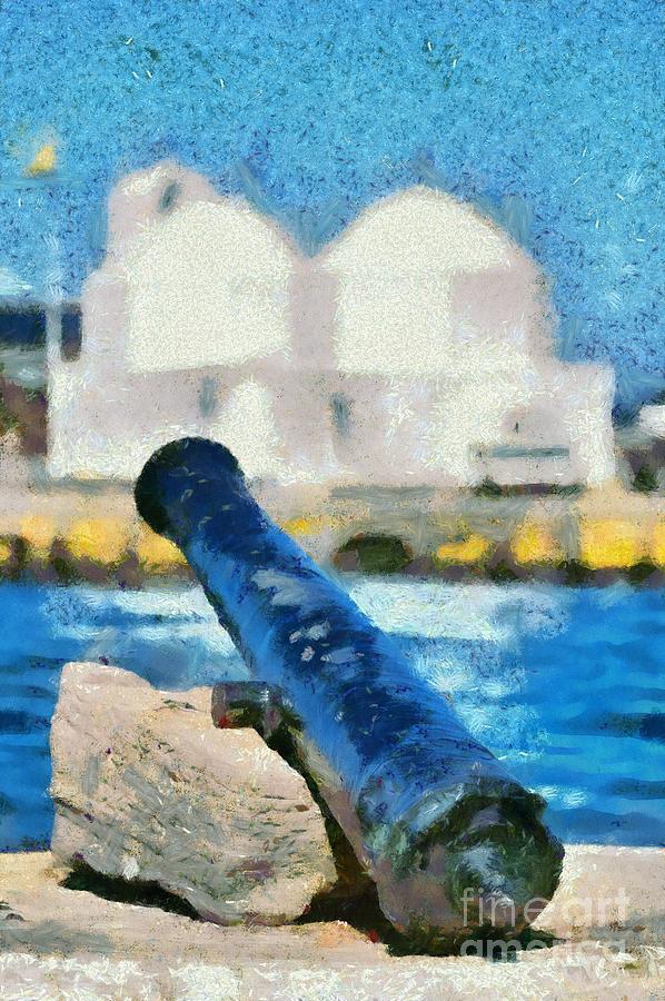 Old cannon in Aegina port #5 Painting by George Atsametakis