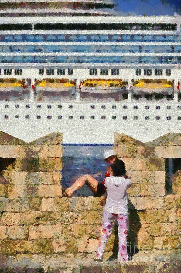 Old fortification and cruise ship #2 Painting by George Atsametakis