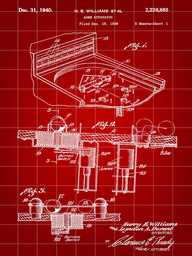 Elton John Digital Art - Pinball Machine Patent 1939 - Red by Stephen Younts