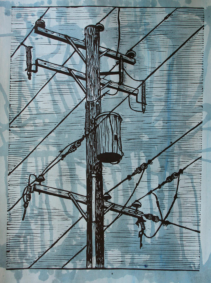 Lino Drawing - Pole with Transformer #3 by William Cauthern