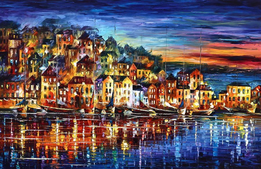Harbor Painting - Quiet Town by Leonid Afremov Harbor Painting - Quiet Town by Leonid Afremov