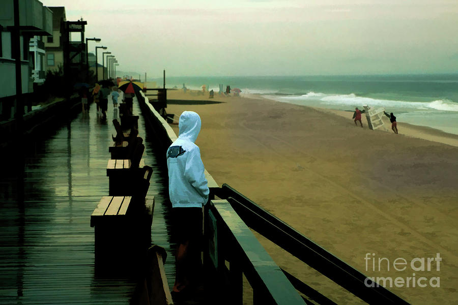 Rainy Day on the Boardwalk at Bethany Beach in Delaware Digital Art by William Kuta