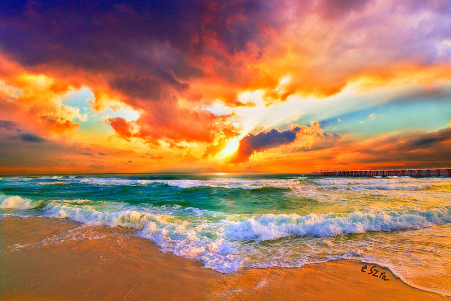 Sunset Photograph - Red Orange Beach Sunset #3 by Eszra Tanner