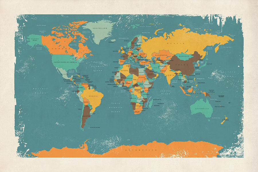 Retro Political Map of the World #3 Digital Art by Michael Tompsett