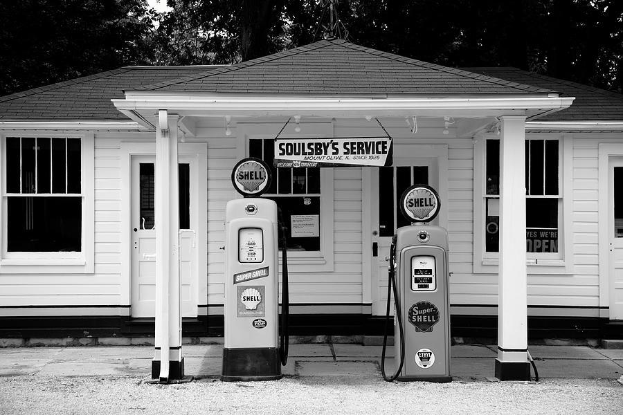 Car Photograph - Route 66 - Soulsby Station Pumps 2012 BW by Frank Romeo