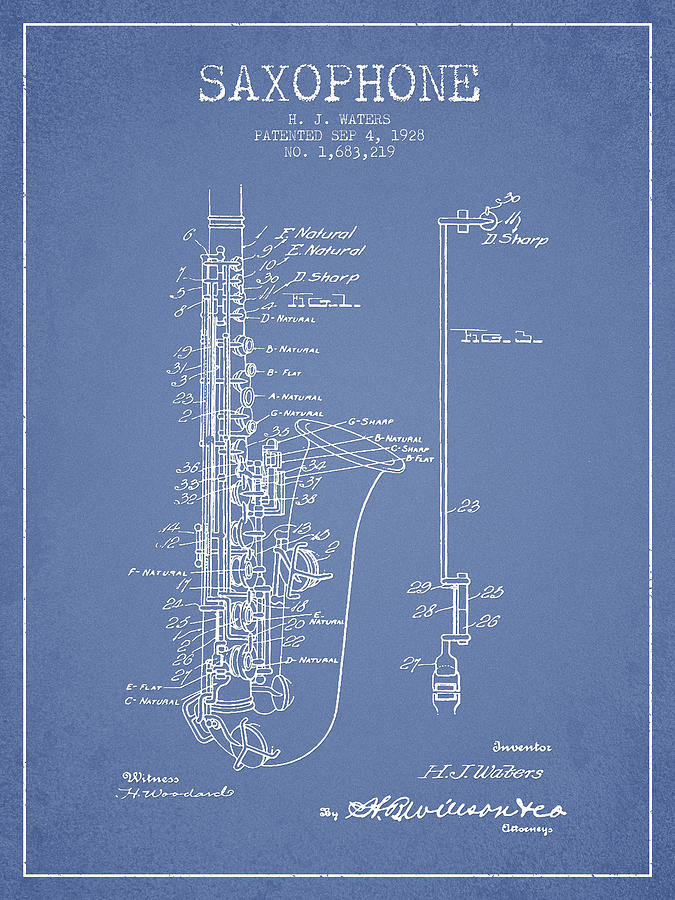 Musician Digital Art - Saxophone Patent Drawing From 1928 #4 by Aged Pixel