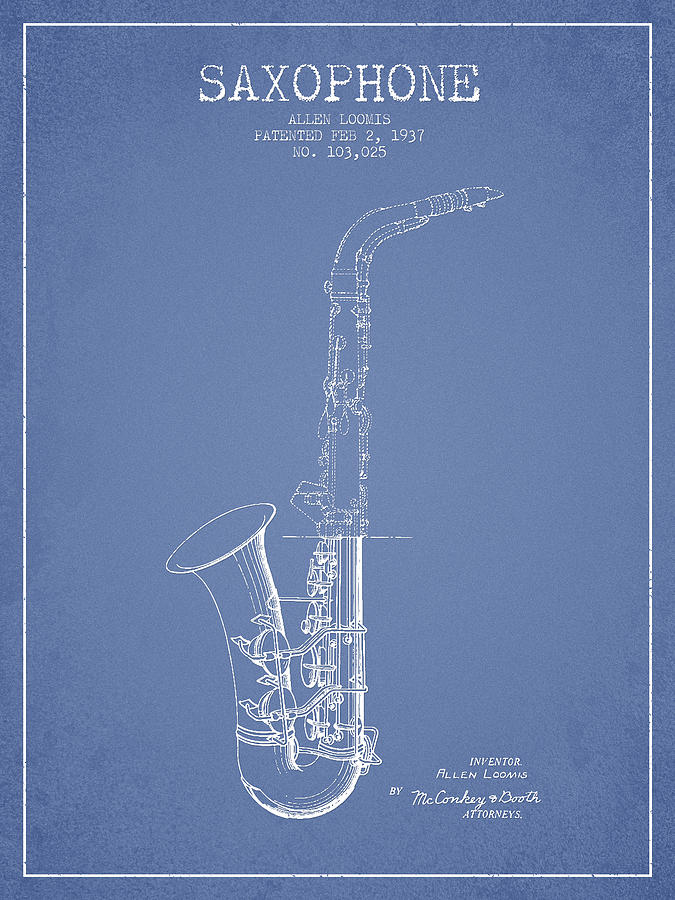 Saxophone Patent Drawing From 1937 - Light Blue Digital Art