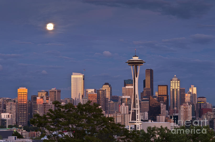 Seattle Skyline with moonrise and Space Needle #3 Photograph by Jim Corwin