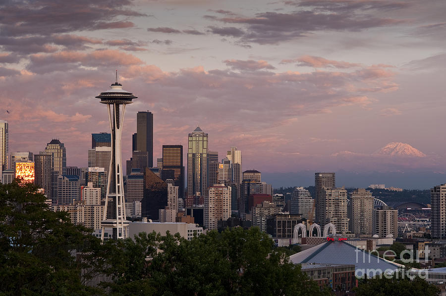 Seattle Skyline with Space Needle and stormy weather with Mount  #3 Photograph by Jim Corwin