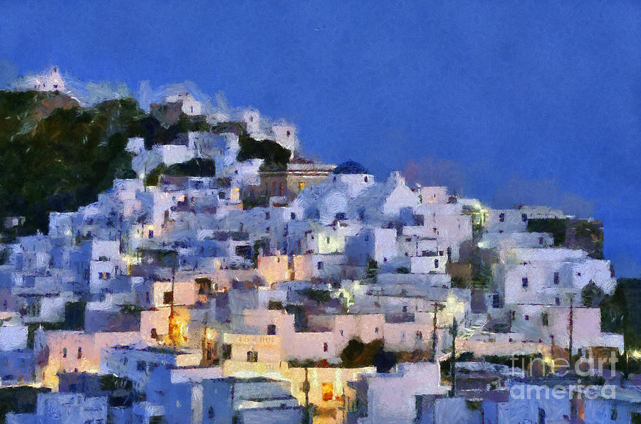 Serifos town during dusk time #1 Painting by George Atsametakis
