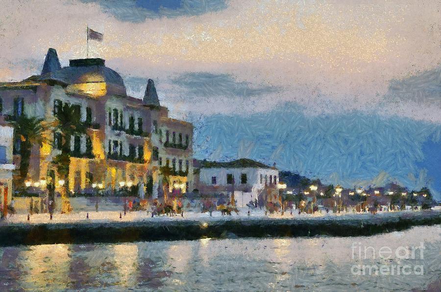 Spetses town during dusk time #2 Painting by George Atsametakis