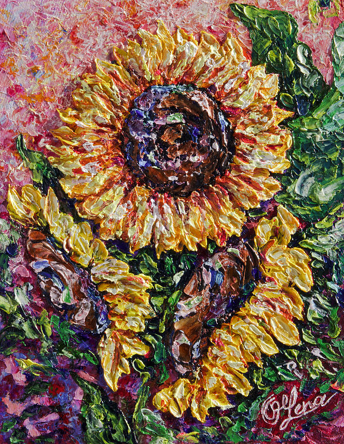 3 Sunflowers Abstract  Painting by Lena Owens - OLena Art Vibrant Palette Knife and Graphic Design