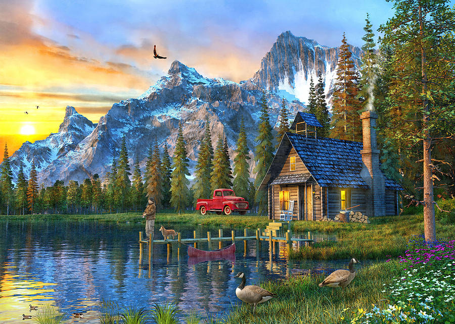 Thomas Kinkade Log Cabin Painting