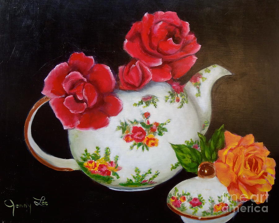 Teapot and Roses #3 Painting by Jenny Lee