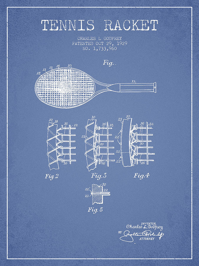 Tennis Digital Art - Tennnis Racket Patent Drawing from 1929 #4 by Aged Pixel