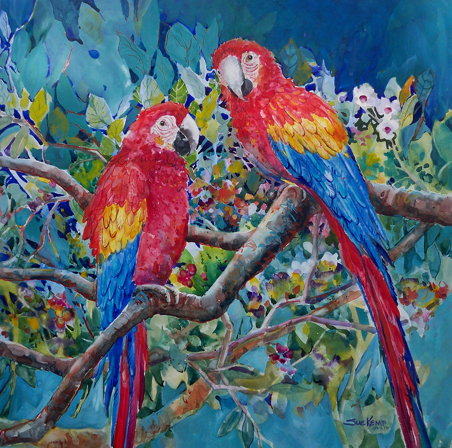 The Conversation, with parrots Painting by Sue Kemp