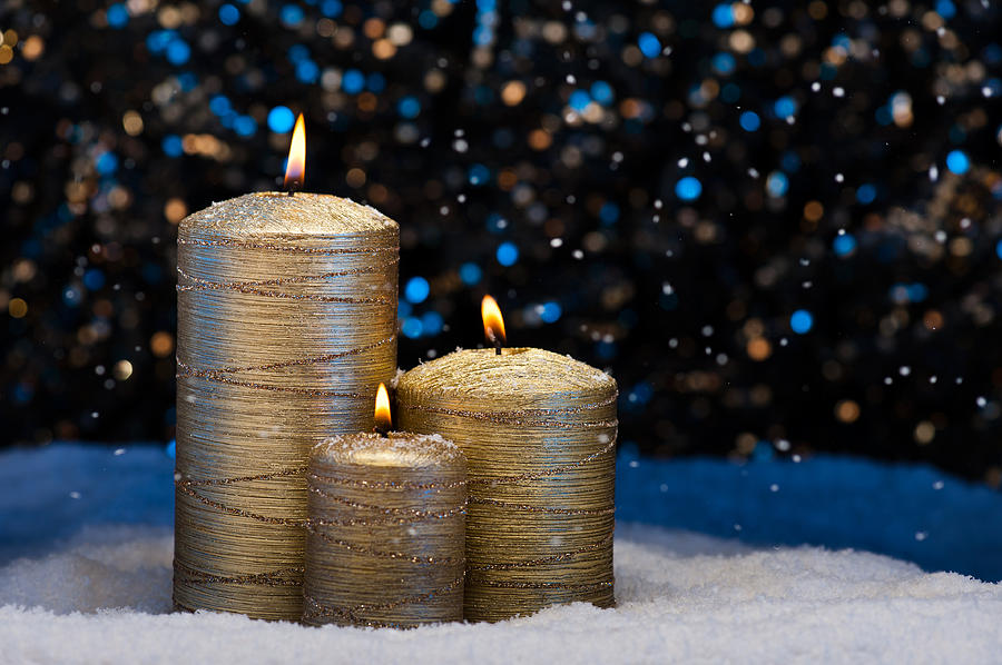 Three Gold Candles in snow  #3 Photograph by U Schade