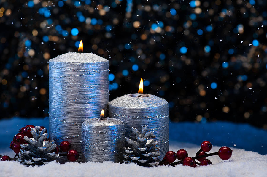 Three Silver Candles in snow  #3 Photograph by U Schade