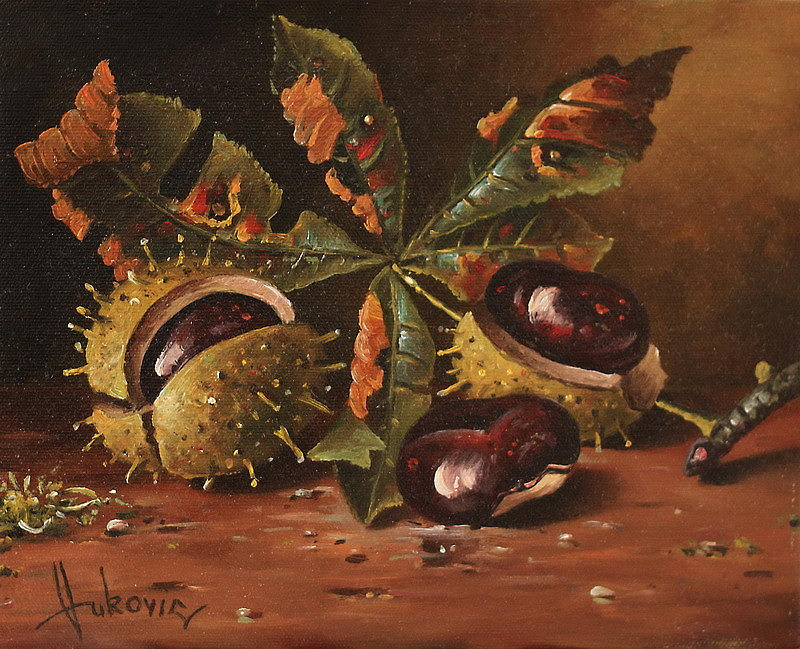 Still Life Painting - Three wild chestnut by Dusan Vukovic
