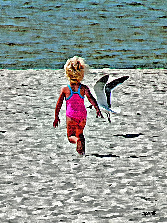Toddler and Seagull - Beach Play #3 Photograph by Rebecca Korpita