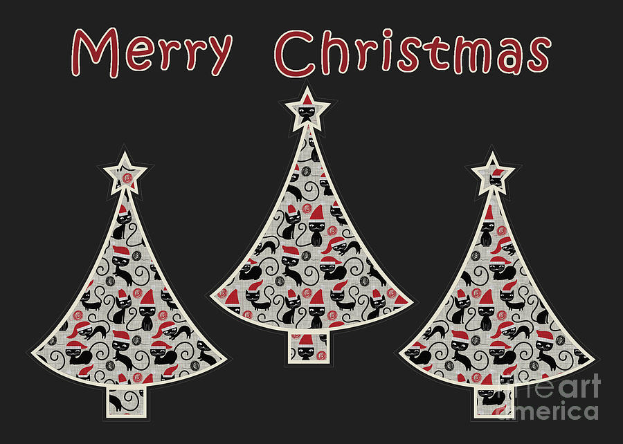 3 Trees Santa Cat - Black Christmas Greeting Card Digital Art by Aimelle Ml
