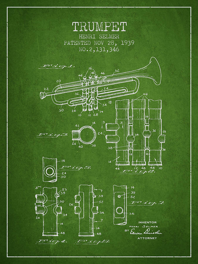 Music Digital Art - Trumpet Patent from 1939 - Green by Aged Pixel