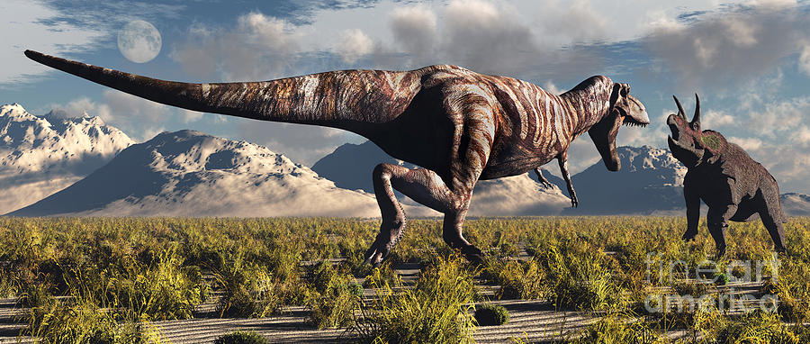 Dinosaur Digital Art - Tyrannosaurus Rex And Triceratops Meet #3 by Mark Stevenson