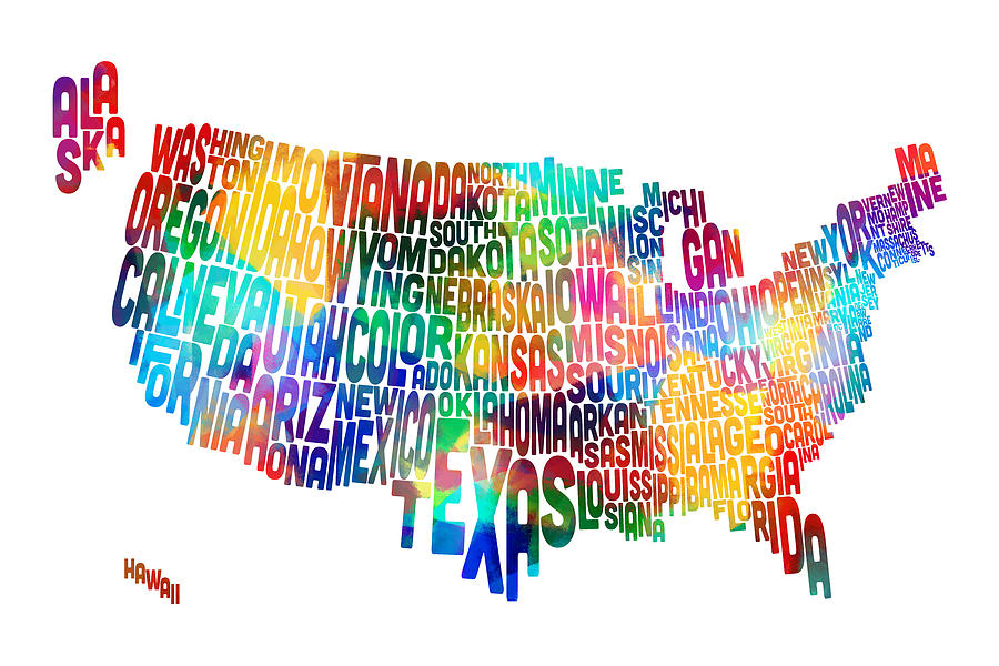 United States Typography Text Map #3 Digital Art by Michael Tompsett