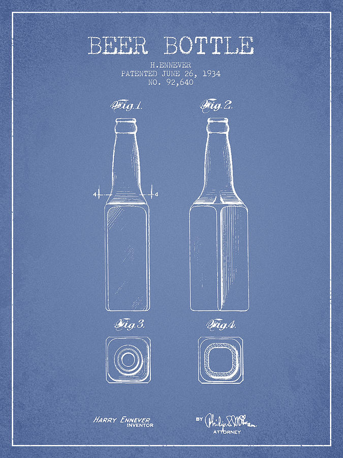 Vintage Beer Bottle Patent Drawing From 1934 - Light Blue Digital Art