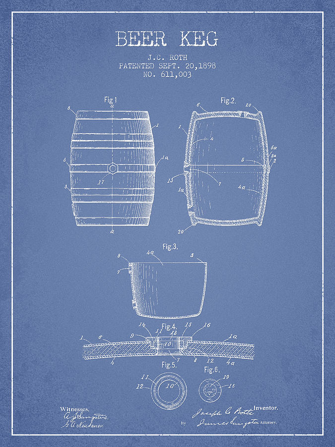 Beer Digital Art - Vintage Beer Keg Patent Drawing from 1898 - Light Blue by Aged Pixel