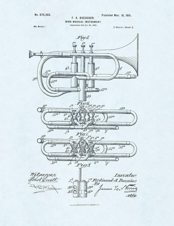 Cornet Patent Drawing on blue background Drawing by Steve Kearns