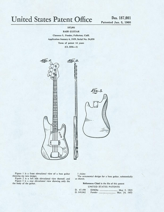 Guitar Patent Drawing on blue background #7 Drawing by Steve Kearns
