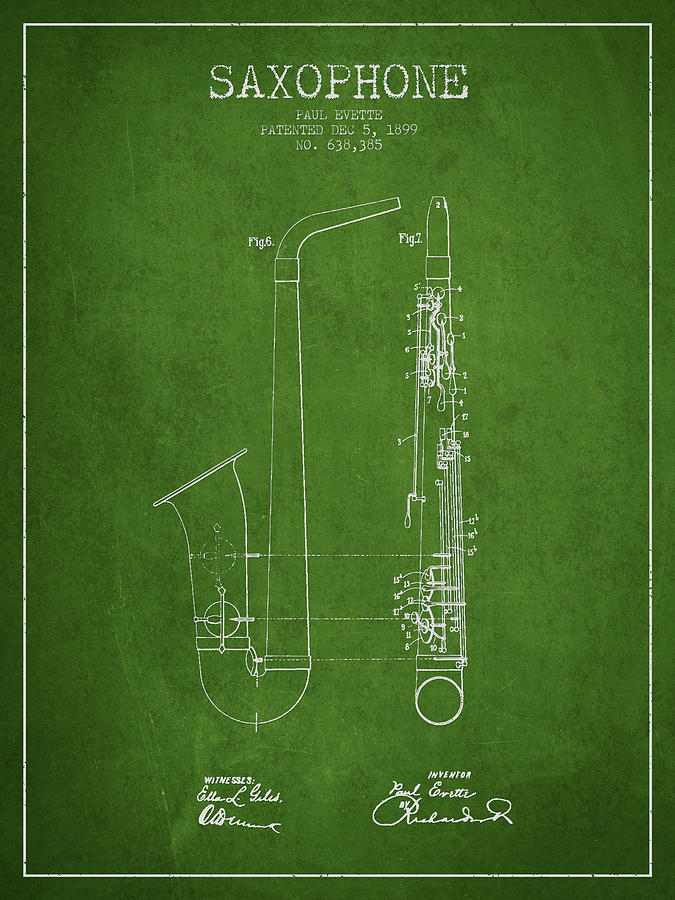 Saxophone Patent Drawing From 1899 - Green Digital Art