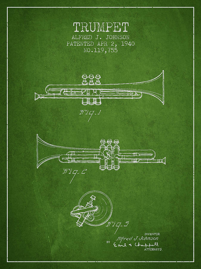 Vintage Trumpet Patent From 1940 - Green Digital Art