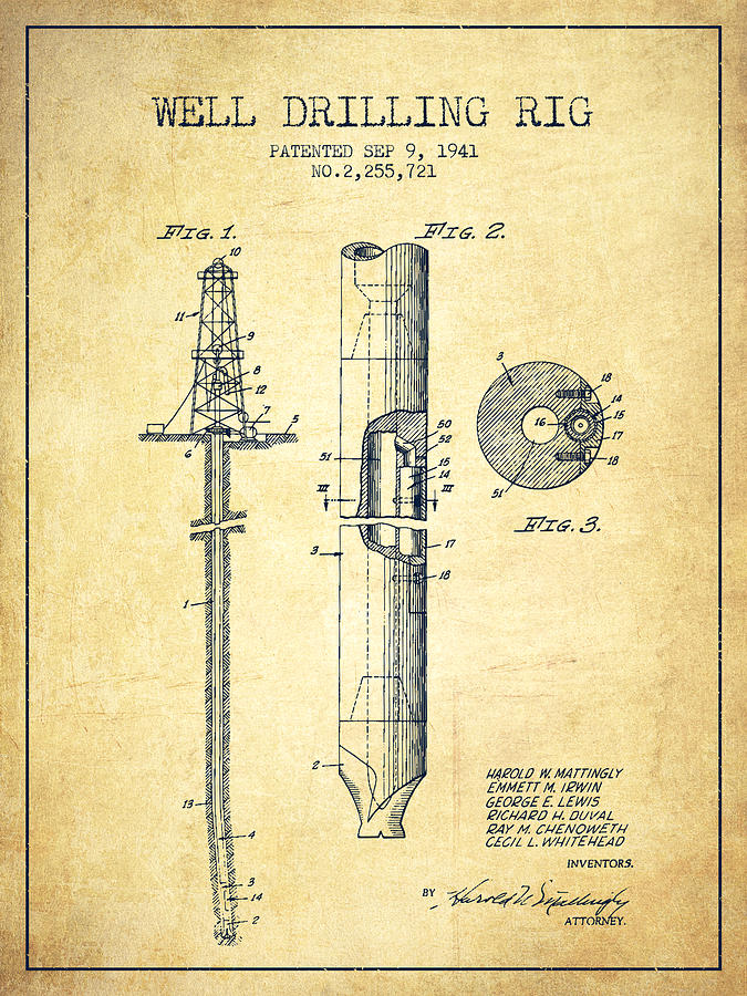 Vintage Drawing - Vintage Well drilling rig Patent from 1941 #5 by Aged Pixel
