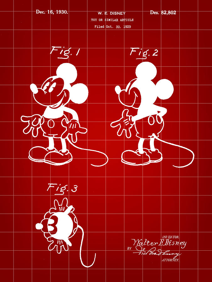 Toy Digital Art - Walt Disney Mickey Mouse Patent 1929 - Red by Stephen Younts