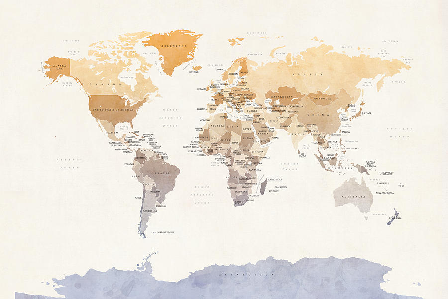 Watercolour Political Map of the World #3 Digital Art by Michael Tompsett