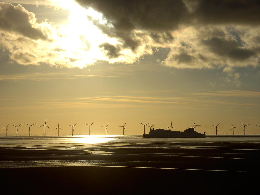 Wind Farm and Irish Ferry at Sunset Photograph by Steve Kearns