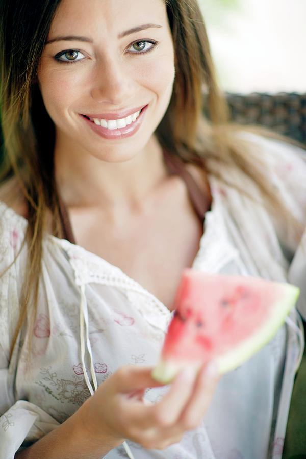 Summer Photograph - Woman Eating Watermelon #3 by Ian Hooton/science Photo Library